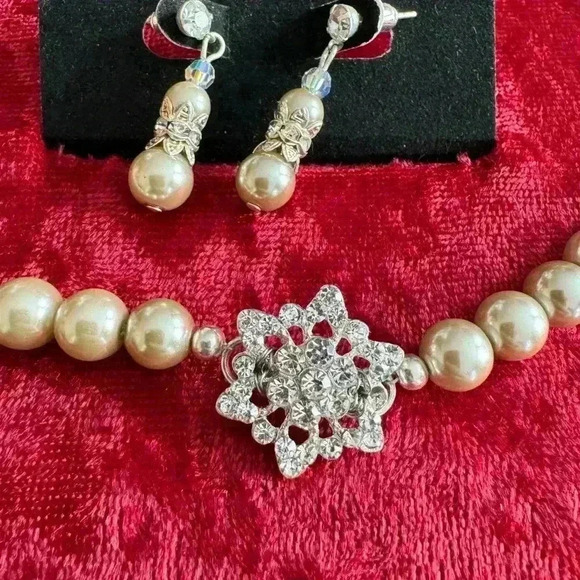 Faux Pearl w/crystal accents necklace and earring set light brownish color. - Picture 4 of 4